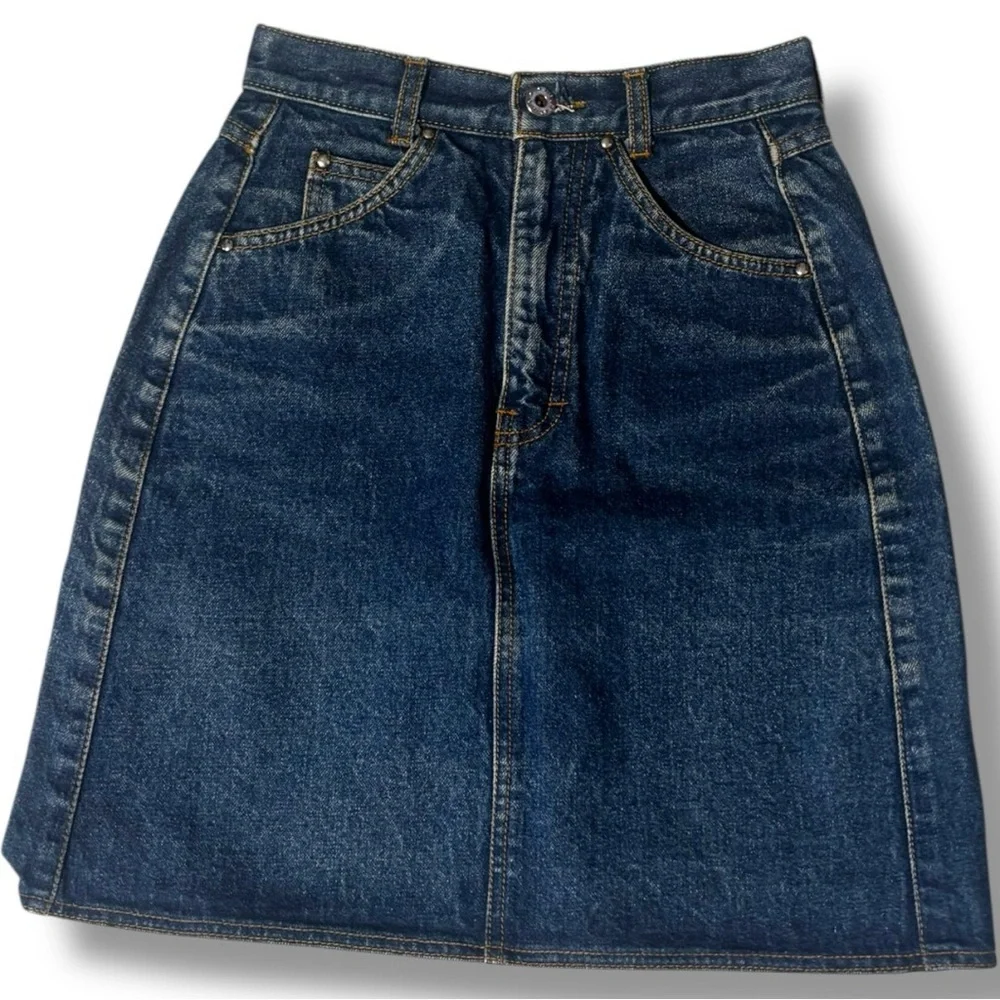 Classic Dark Blue Denim A-line High Waist Mini Skirt with Front and Back Pockets